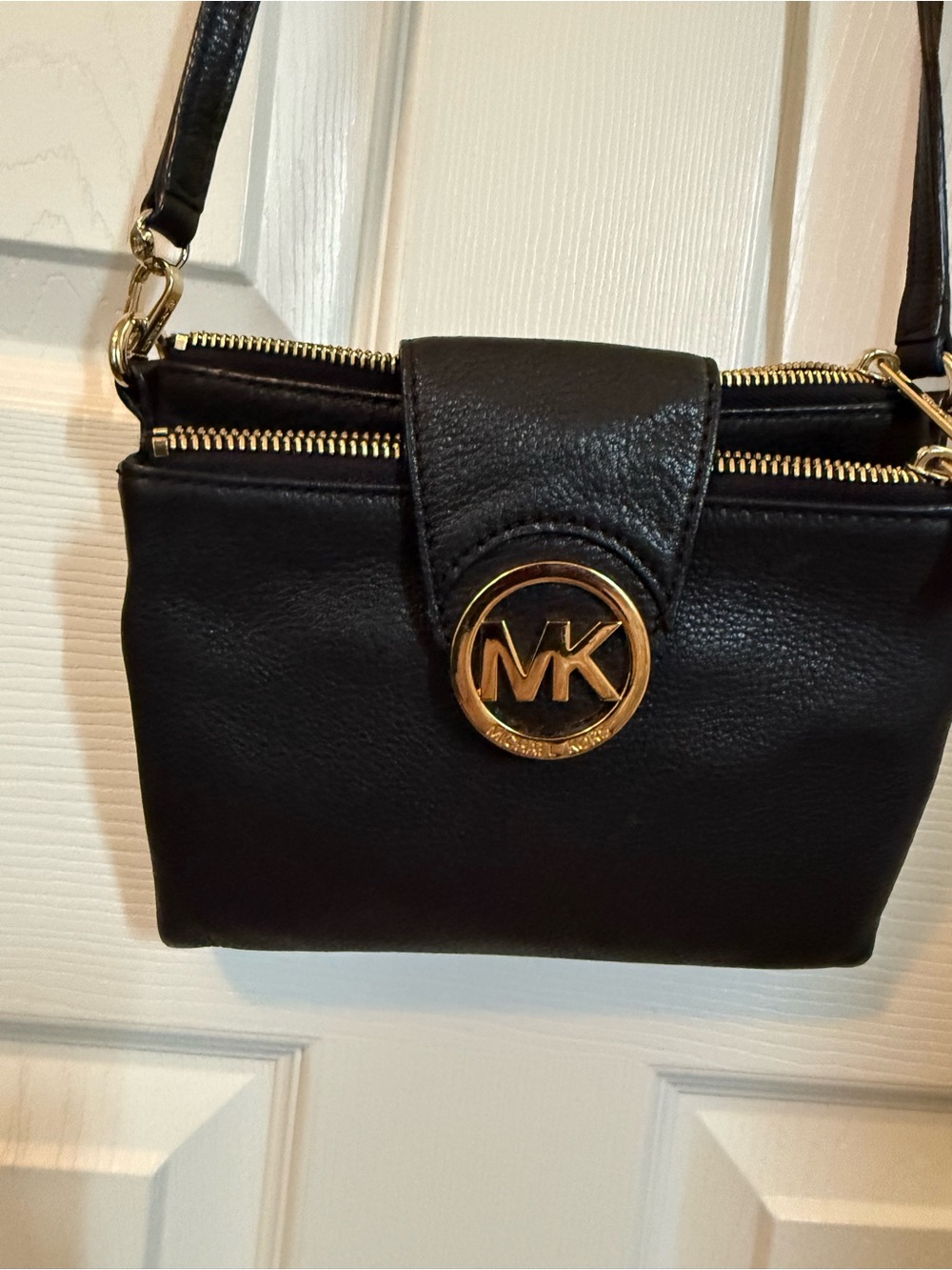 Michael Kors Black Leather Crossbody with Gold MK Medallion